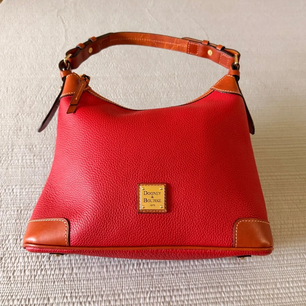 New Dooney & Bourke Women's Red Pebbled Leather Hobo Shoulder Bag Gold Hardware